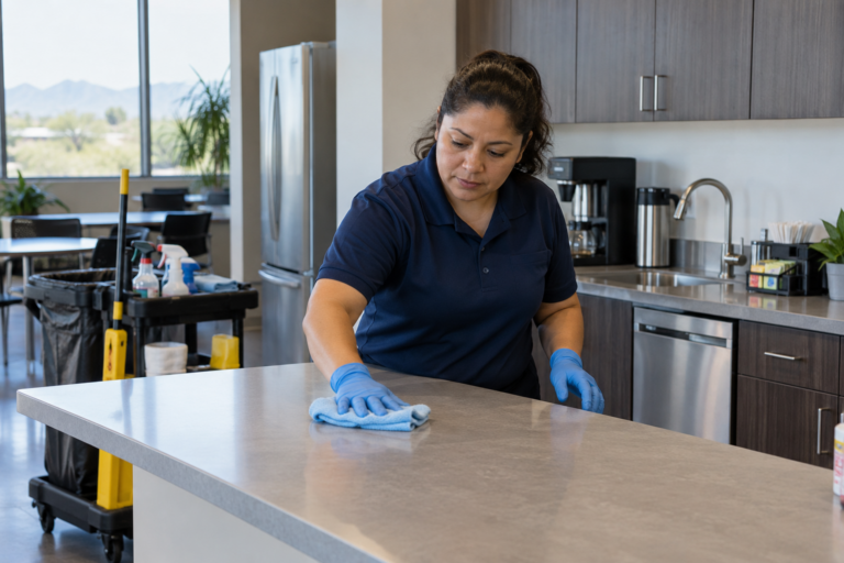 Janitorial worker wiping a breakroom counter